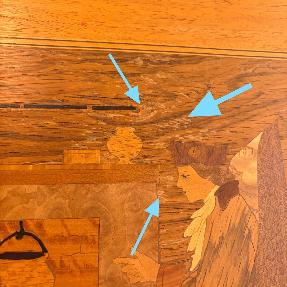 Vintage Wood Inlay Marquetry Art Colonial Tavern Scene Fireplace Cat 21x15 - Picture 9 of 9